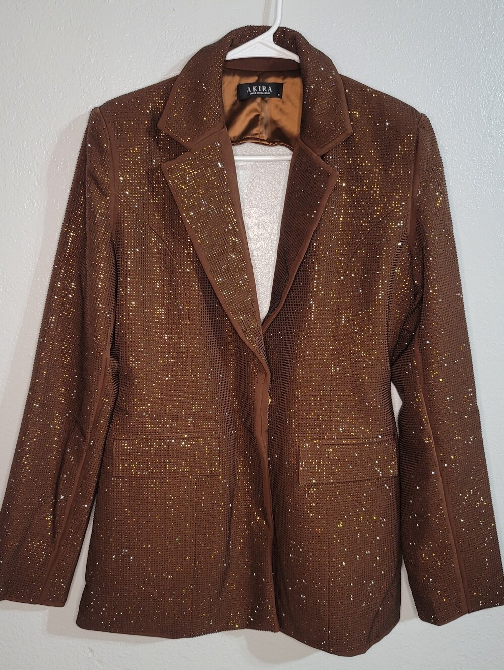 AKIRA Brown Rhinestone Open Back Blazer Jacket Glam Statement Piece Size M